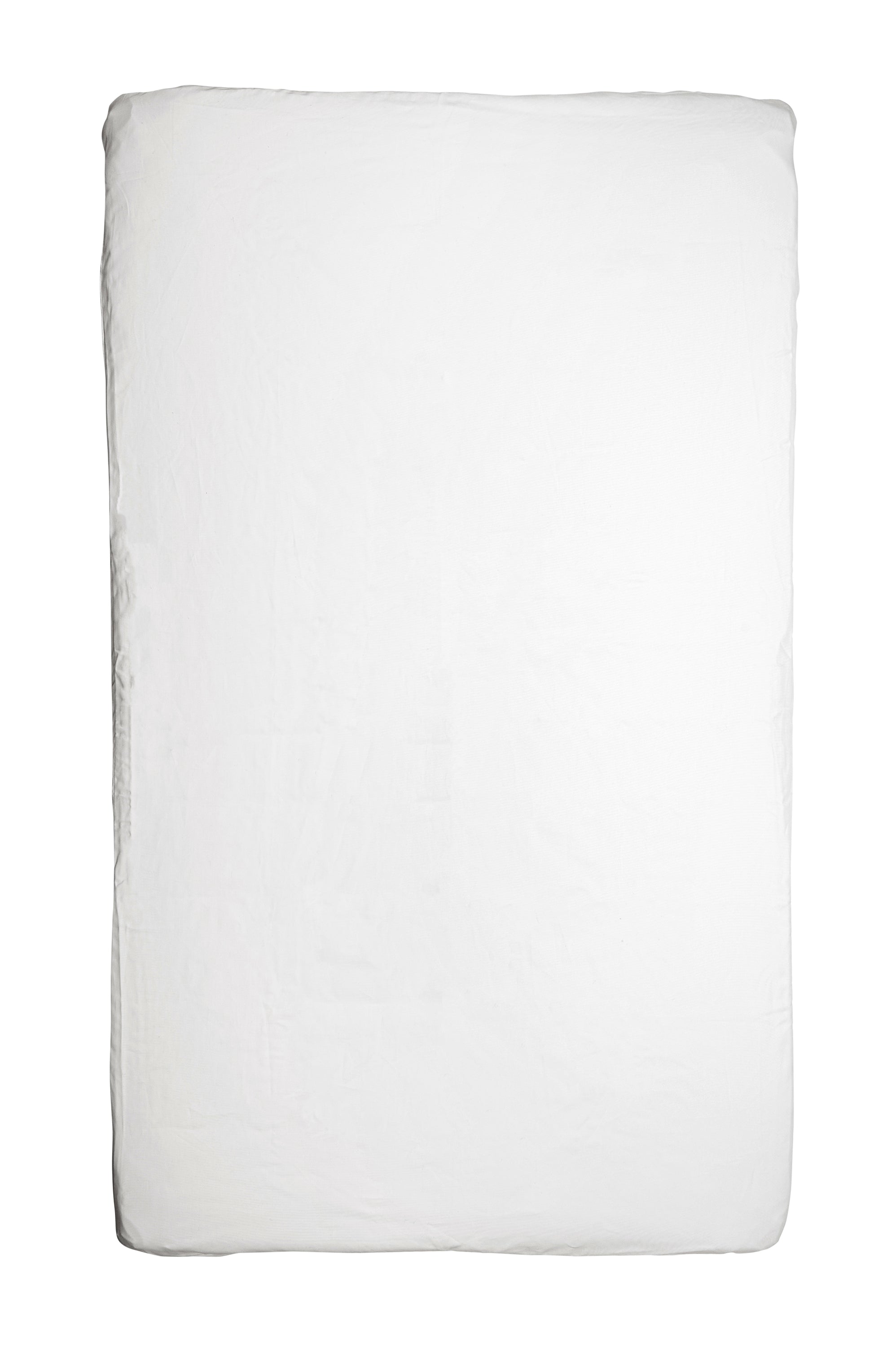 A single, thick, square white pillow isolated on a white background. The Kind Essential Bassinet Fitted Sheet in White from DockATot, crafted from safe bassinet fabric, appears soft and fluffy with a slightly irregular shape and visible stitching along the edges.